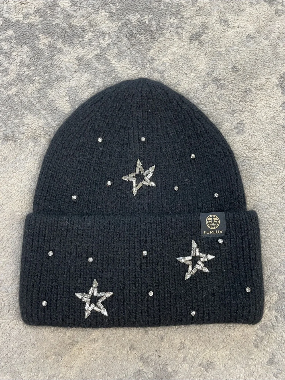 NWT Furlux C2391 Black Crystal Star Angora Nylon Knit Beanie Ski Hat